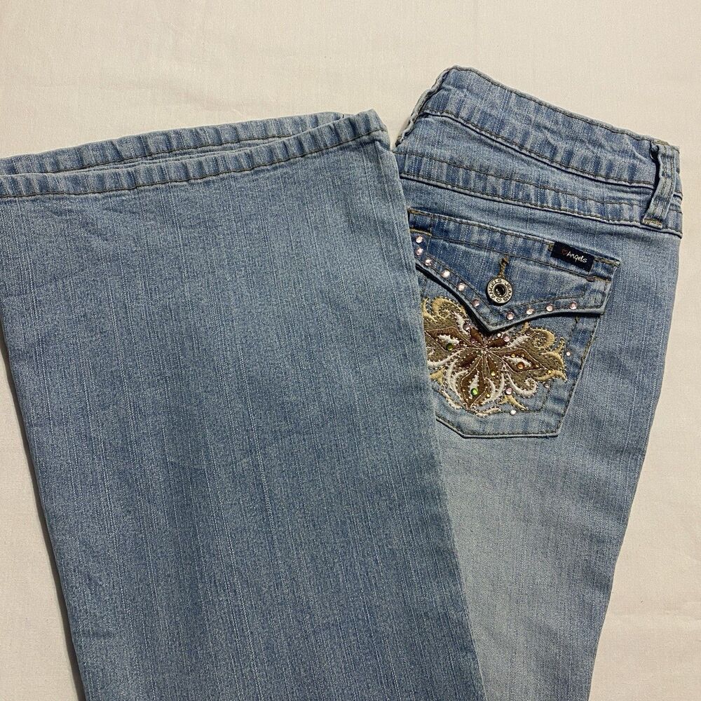 Y2K Angels Low Rise Flare Jeans 7 Rhinestone Pocket 2000 McBling Mall Girl VTG